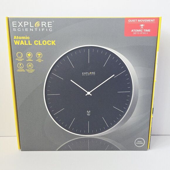 Explore Scientific Atomic Wall Clock Stainless Steel Silver Frame New Quiet - Picture 1 of 9